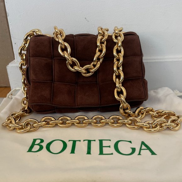 Bottega Veneta Cassette Suede Shoulder Bag Weaved Brown Gold Chain Link Strap - Picture 9 of 10